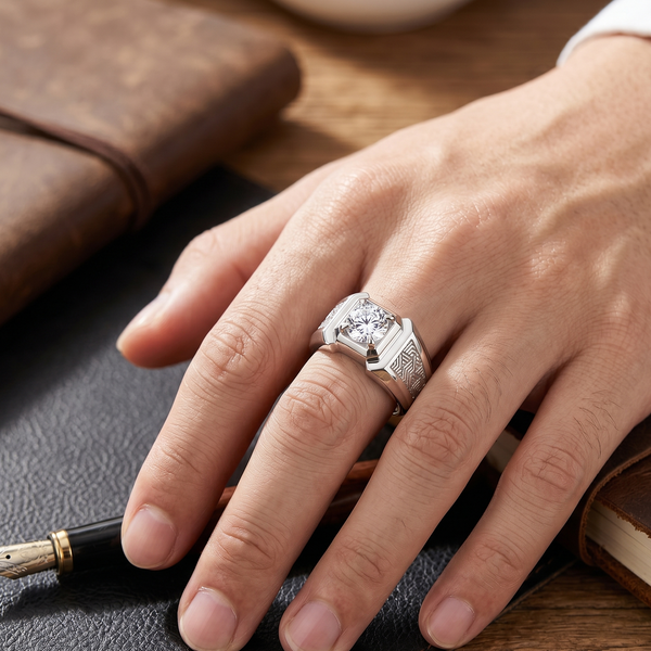 Men’s Square Zircon Statement Ring – 925 Sterling Silver Engraved Designer Ring