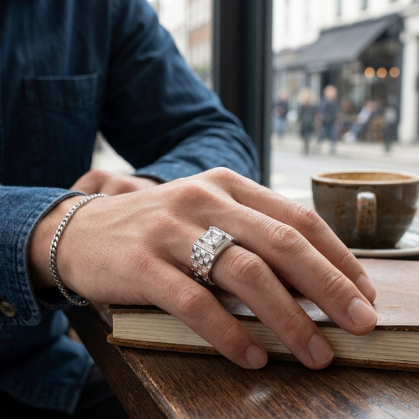 Men’s Checkered Texture Square Stone Ring – 925 Sterling Silver Statement Ring