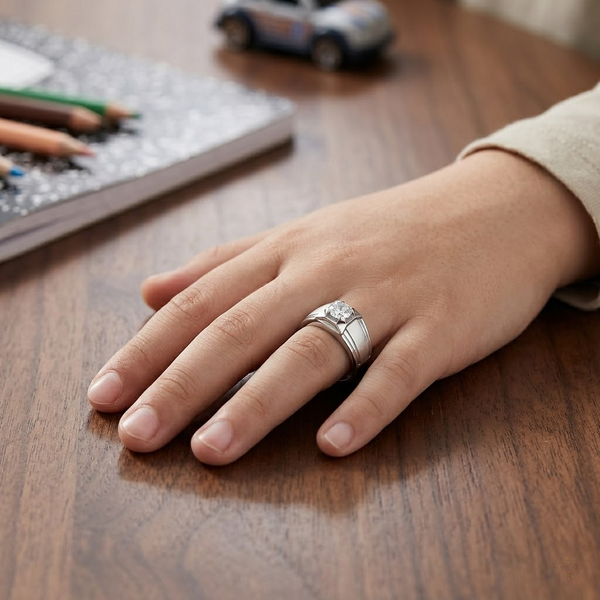 Men’s Classic Round Solitaire Ring – 925 Sterling Silver Square Mount