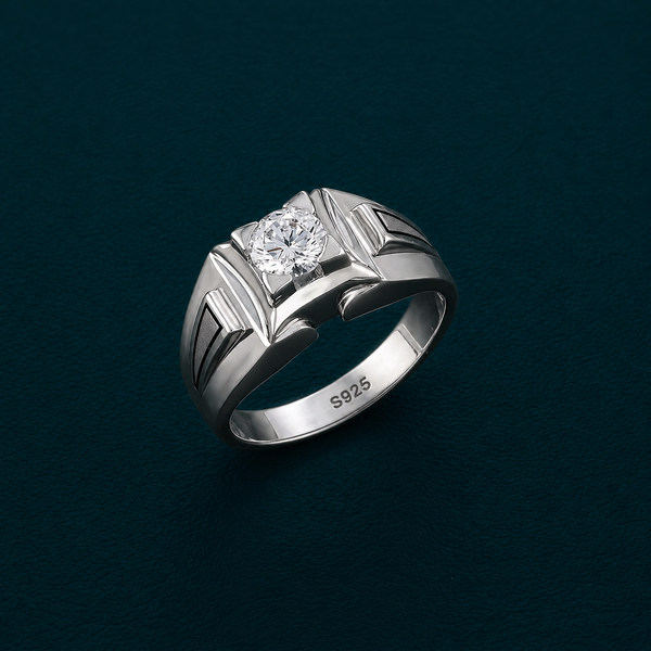 Geometric V-Pattern Round-Cut Stone Ring – 925 Sterling Silver Designer Statement Ring for Men