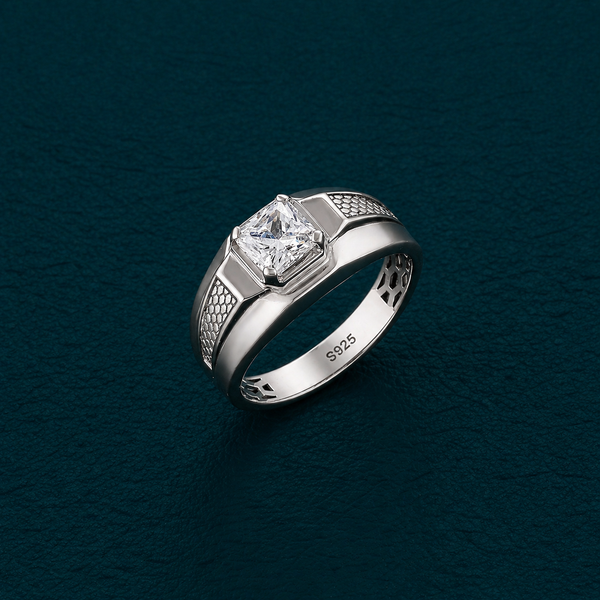 Premium Princess-Cut Crystal Ring – 925 Sterling Silver Textured Designer Band Ring