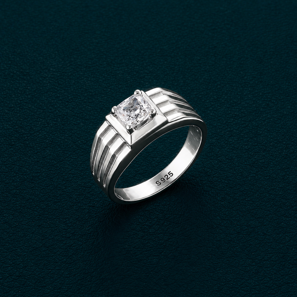 Classic Square Solitaire Ring – 925 Sterling Silver Grooved Band Statement Ring
