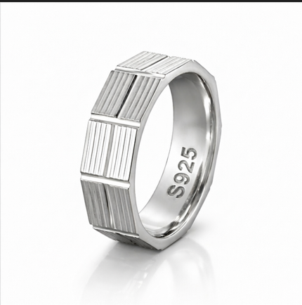 Stylish S925 Sterling Silver Geometric Couple Bands with Linear Texture Finish