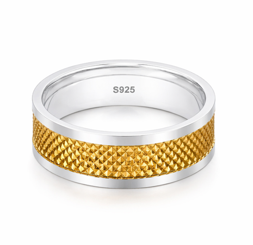 Luxury Dual Tone Diamond Cut Texture 925 Sterling Silver Ring