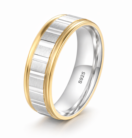 Classic Dual Tone Grooved 925 Sterling Silver Ring |