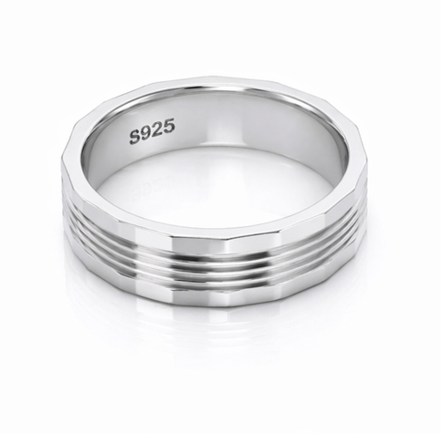 Multi-Groove Faceted 925 Sterling Silver Ring