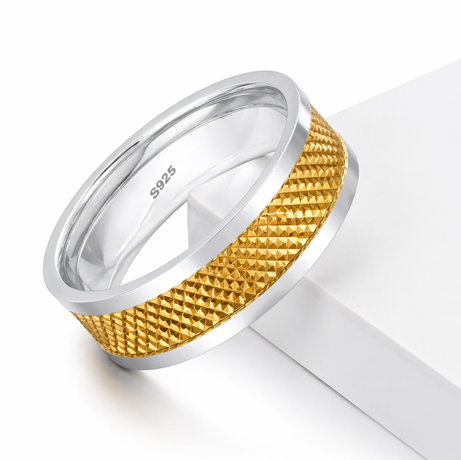 S925 Sterling Silver Gold Textured Couple Band