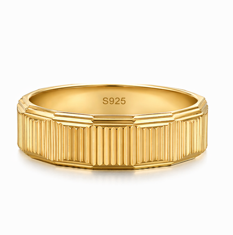 Gold Finish Ribbed Texture 925 Sterling Silver Ring