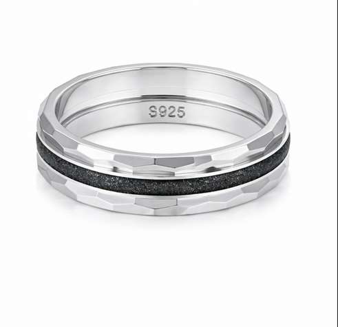 Faceted Edge Black Groove 925 Sterling Silver Ring