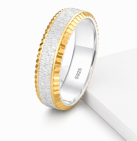 S925 Sterling Silver Gold Edge Textured Couple Bands