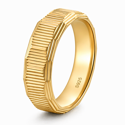 Gold Finish Ribbed Texture 925 Sterling Silver Ring