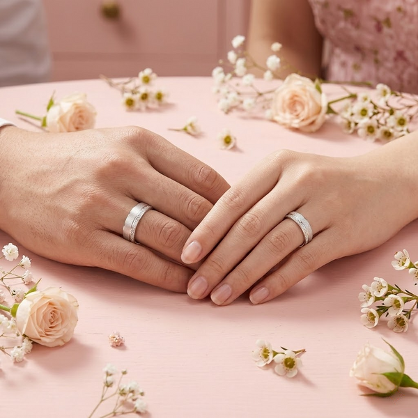 Elegant S925 Sterling Silver Couple Bands with Textured Matte & Diamond-Cut Finish