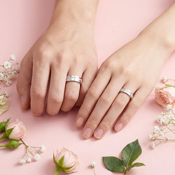 Classic S925 Sterling Silver Couple Bands with Subtle Cream Inlay