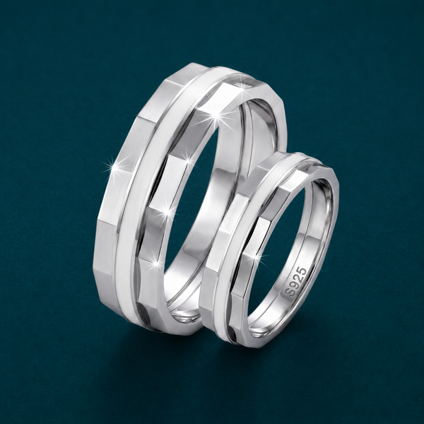 Luxury S925 Sterling Silver Dual-Line Faceted Couple Bands