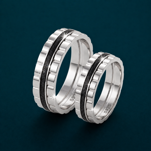 Stylish S925 Sterling Silver Black Inlay Couple Bands