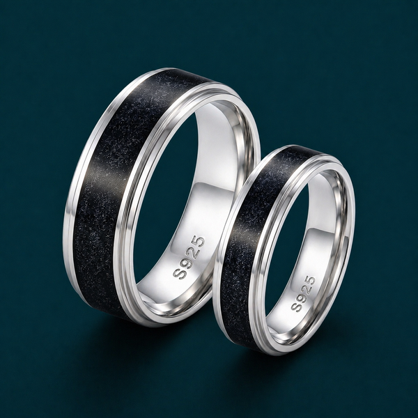 S925 Sterling Silver Black Galaxy Inlay Couple Bands