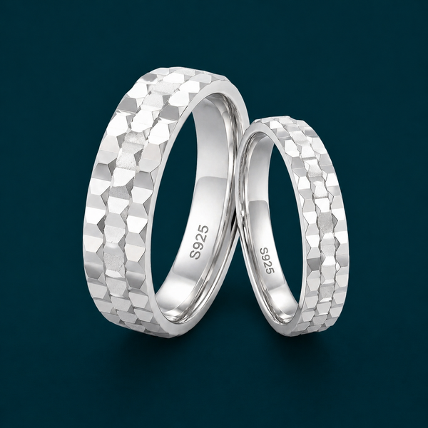 S925 Sterling Silver Diamond-Cut Faceted Couple Bands