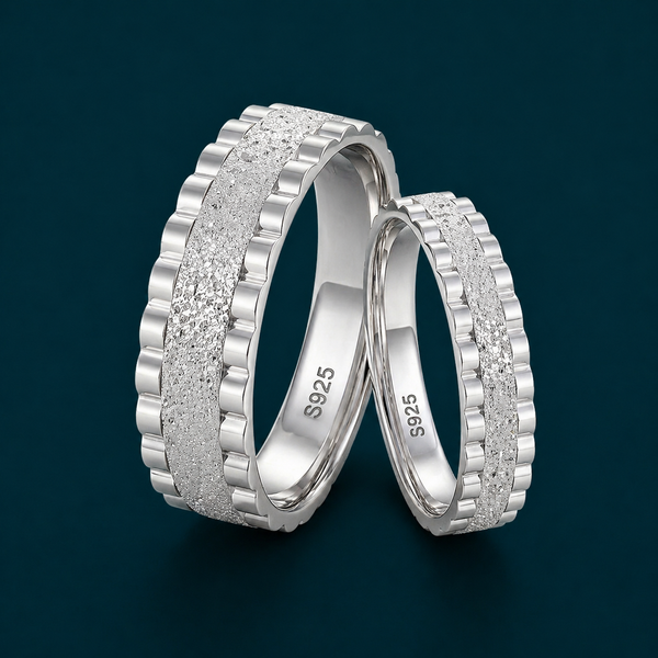 S925 Sterling Silver Textured Sparkle Couple Bands
