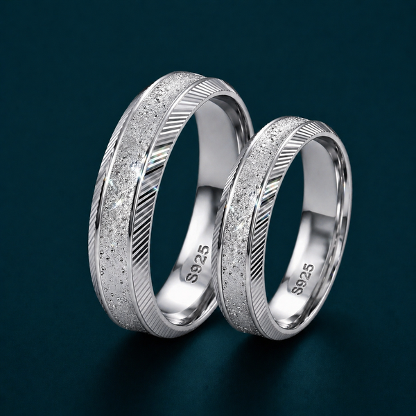 S925 Sterling Silver Sparkle Texture Couple Bands with Line Detailing
