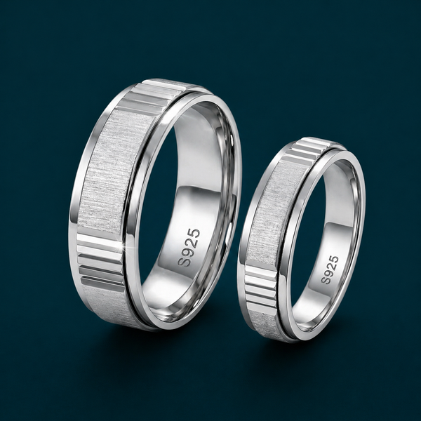 S925 Sterling Silver Dual Finish Striped Couple Bands