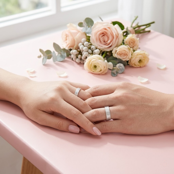 S925 Sterling Silver Multi-Line Textured Couple Bands