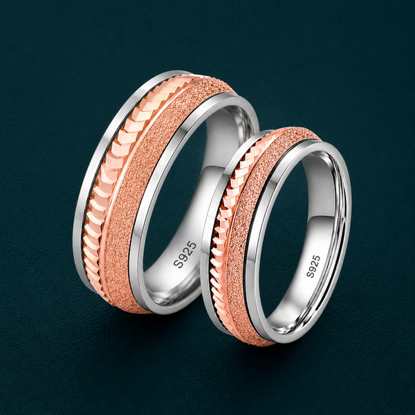 S925 Sterling Silver Rose Gold Dual Texture Couple Bands