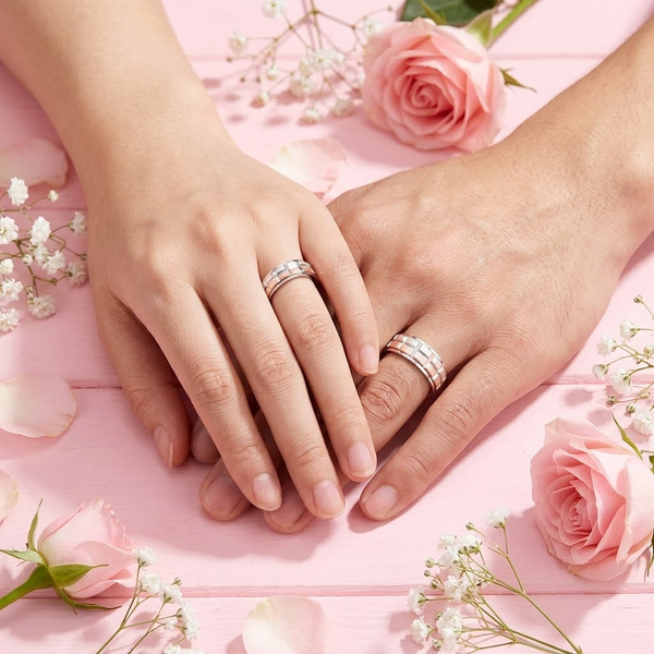 S925 Sterling Silver Rose Gold Geometric Texture Couple Bands
