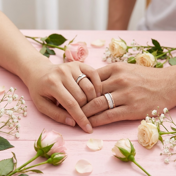 S925 Sterling Silver Dual-Tone Ribbed Couple Bands