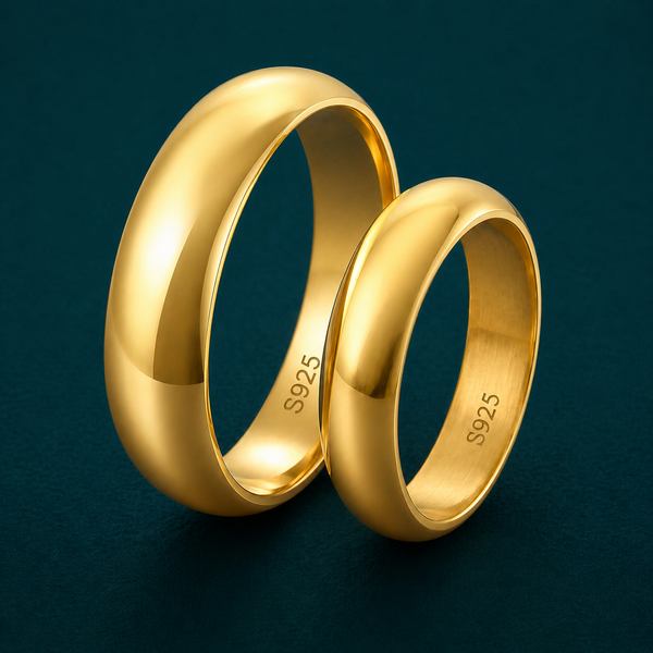 S925 Sterling Silver Dome Gold Couple Bands