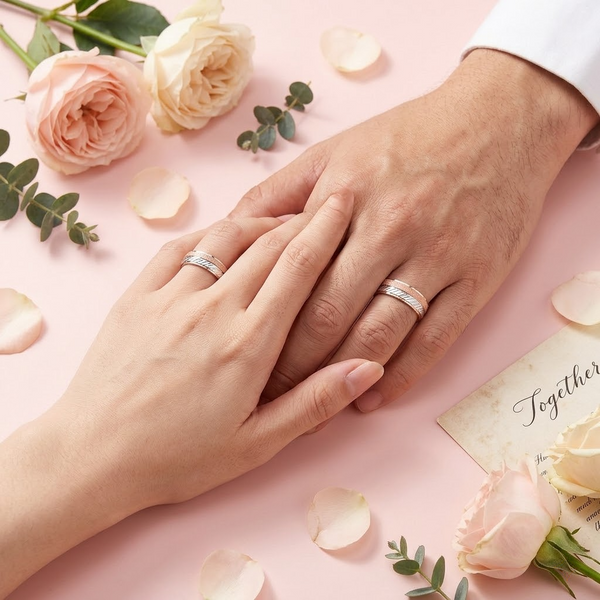 S925 Sterling Silver Rose Gold Texture Couple Band
