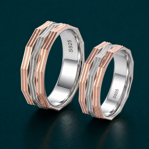 S925 Sterling Silver Faceted Geometric Couple Bands