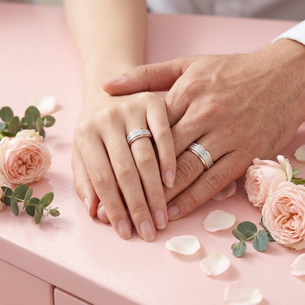 S925 Sterling Silver Multi-Line Textured Couple Bands