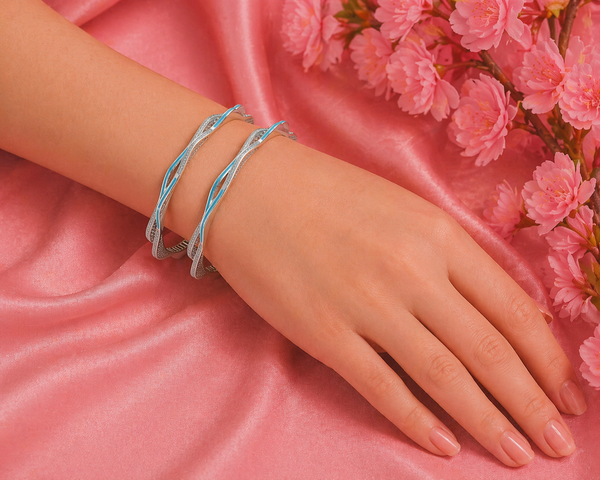 Blue Enamel Stone-Studded Bangles – 925 Sterling Silver Platinum Polish Designer Set