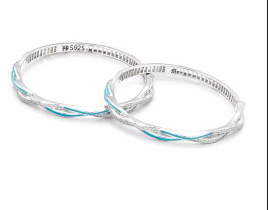 Blue Enamel Stone-Studded Bangles – 925 Sterling Silver Platinum Polish Designer Set