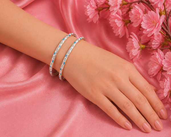 925 Sterling Silver Blue Enamel Stone-Studded Bangles – Sleek Designer Silver Bangle Set