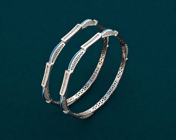 Contemporary Blue Accent Diamond Bar Bangles – 925 Sterling Silver Designer Bangles Set