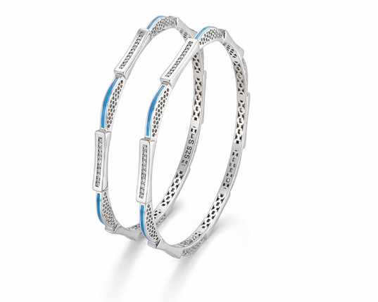 Contemporary Blue Accent Diamond Bar Bangles – 925 Sterling Silver Designer Bangles Set