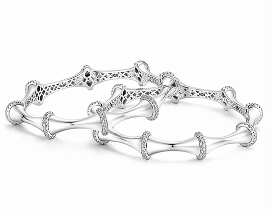 Rivadhy S925 Sterling Silver Bamboo-Style Bangles – Designer Stone-Studded Geometric Bangle Set