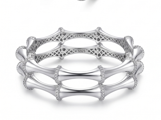 Rivadhy S925 Sterling Silver Bamboo-Style Bangles – Designer Stone-Studded Geometric Bangle Set