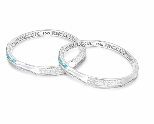 Rivadhy S925 Sterling Silver Blue Enamel Bangles – Designer Stone-Studded Geometric bangle Set