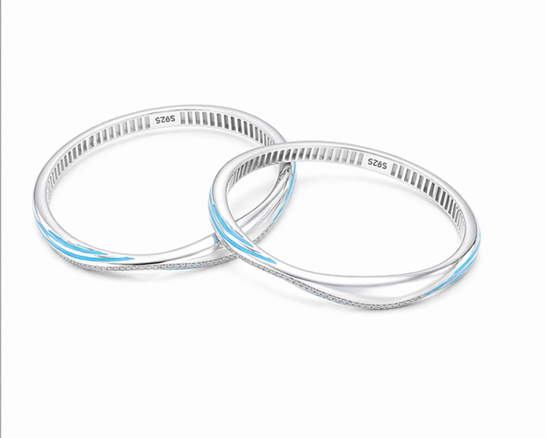 S925 Sterling Silver Ocean Wave Blue Enamel Bangles – Stone-Studded Designer Curved Bangle Set