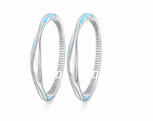 S925 Sterling Silver Ocean Wave Blue Enamel Bangles – Stone-Studded Designer Curved Bangle Set