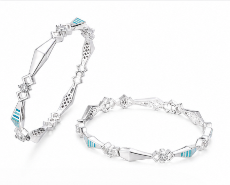 S925 Sterling Silver Geometric Prism Bangles – Designer Blue Enamel & Solitaire Stone Bangle Set