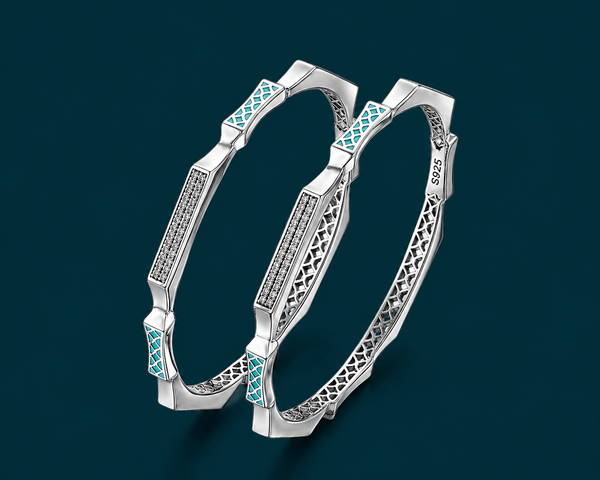 Rivadhy S925 Sterling Silver Art-Deco Bangles – Blue Mosaic & Stone-Studded Geometric Bangle Set