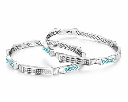 Rivadhy S925 Sterling Silver Art-Deco Bangles – Blue Mosaic & Stone-Studded Geometric Bangle Set