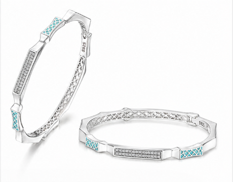 Rivadhy S925 Sterling Silver Art-Deco Bangles – Blue Mosaic & Stone-Studded Geometric Bangle Set