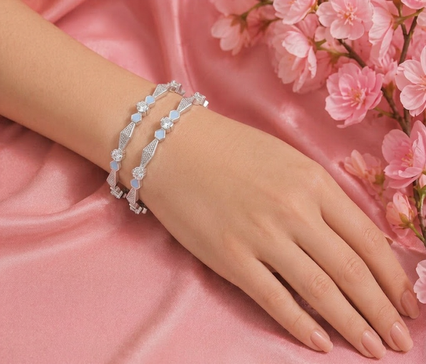 Rivadhy S925 Sterling Silver Honeycomb Bangles – Pastel Blue Enamel & Solitaire Stone Geometric Bangle Set