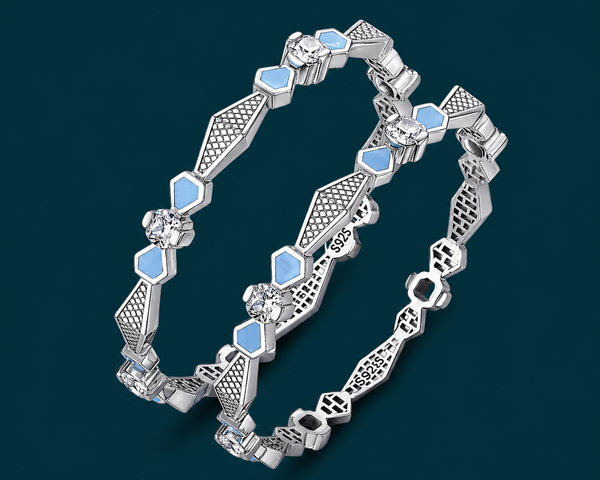 Rivadhy S925 Sterling Silver Honeycomb Bangles – Pastel Blue Enamel & Solitaire Stone Geometric Bangle Set