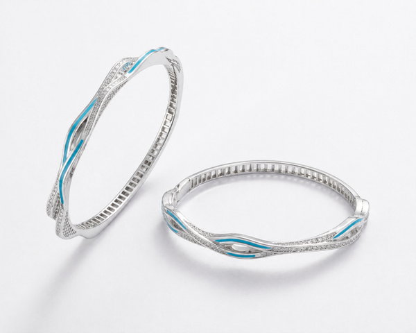 Blue Enamel Stone-Studded Bangles – 925 Sterling Silver Platinum Polish Designer Set