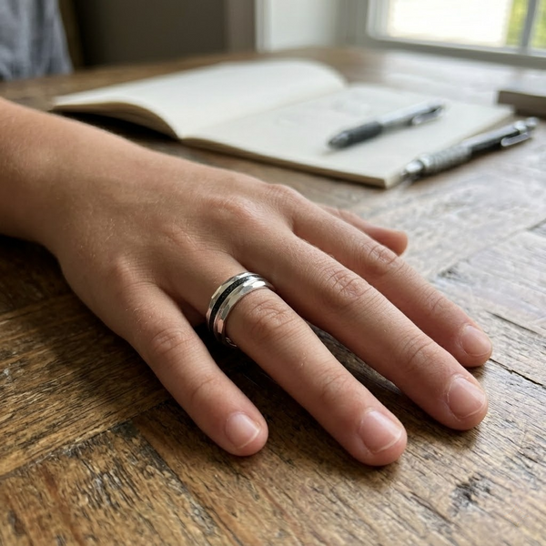 Faceted Edge Black Groove 925 Sterling Silver Ring